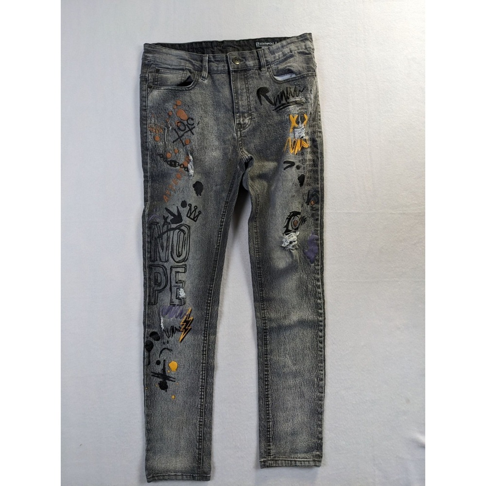 Southpole Skinny Fit Jeans 34 x 32 Gray Graffiti Art Style Cotton Blend Mens